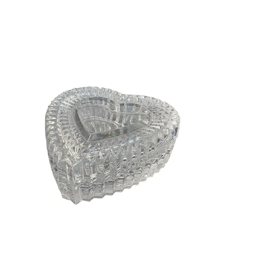 Vintage Heart Shaped Crystal Glass Trinket Box Jewelry Box w/ Lid